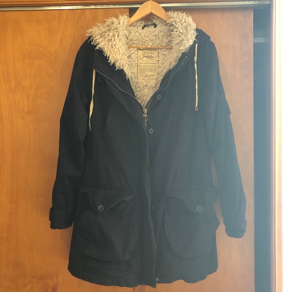 ZARA Navy Fully Faux Fur Lined Parka Coat